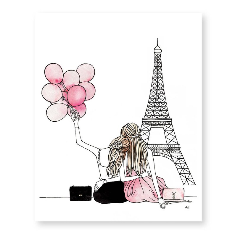 May include: Two women with long blonde hair are sitting in front of the Eiffel Tower. They are holding pink balloons and one woman is holding a pink handbag. The background is white.