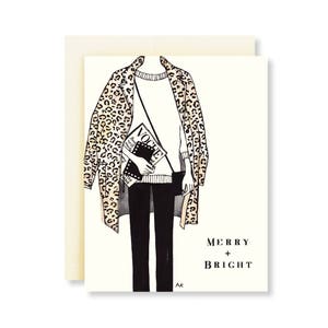 Mode kerstkaart / mode illustratie / stijlvolle vakantiekaart / meisje illustratie kaart / chique vakantiekaart / mode tekening / luipaard jas