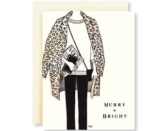 Fashion Christmas Card/ Fashion Illustration/ Stylish Holiday Card/ Girl Illustration Card/ Chic Holiday Card/Fashion Drawing/Leopard Jacket