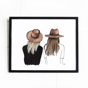 May include: A watercolor illustration of two people wearing brown hats. The people are facing away from the viewer and have long brown hair. The background is white.