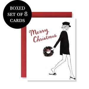 Conjunto de tarjetas de Navidad de moda / Conjunto de tarjetas de Navidad en caja de 8 / Conjunto de tarjetas de Navidad lindas / Tarjetas de vacaciones de niña de ilustración de moda / Tarjetas únicas