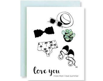 Love Card/ Love You Card/Cute Love Card/ Fashion Illustration Card/ Funny Friendship Card/ Summer Love/ Card for Boyfriend/ Best Friend Card