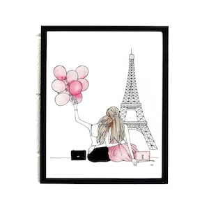 May include: A black and white line drawing of two people holding pink balloons in front of the Eiffel Tower. The people are wearing dresses and are holding hands. The Eiffel Tower is in the background.