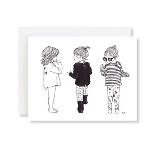 Cartão de meninas/cartão de pai da filha/cartão de mãe de meninas/cartão de chá de bebê/cartão de aniversário de menina/cartão mínimo de crianças/ilustração de moda de meninas