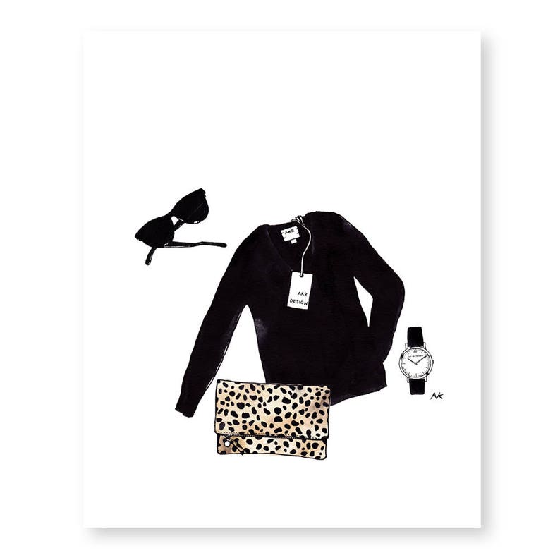 May include: A black sweater with a V-neck and a white tag that says "AKR DESIGN". A leopard print clutch and a silver watch with a white face are also pictured.