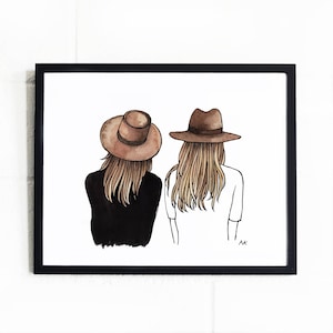 May include: A watercolor illustration of two people wearing brown hats, standing back to back. The person on the left is wearing a black shirt and the person on the right is wearing a white shirt. The illustration is signed "AK".