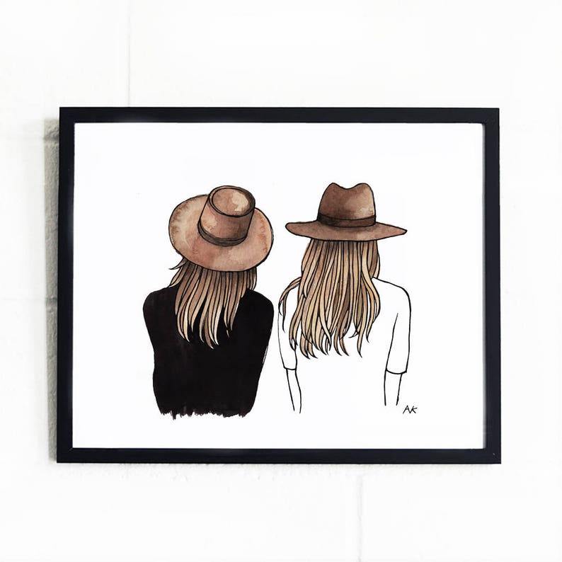 May include: A watercolor illustration of two people wearing brown hats, standing back to back. The person on the left is wearing a black shirt and the person on the right is wearing a white shirt. The illustration is signed "AK".