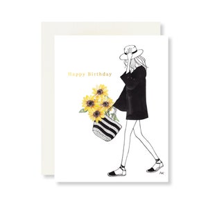 Zonnebloem verjaardagskaart/mode illustratie/beste vriend verjaardagskaarten/zonnebloem geschenken/zomer verjaardagskaart/mode kunst tekening/Floral
