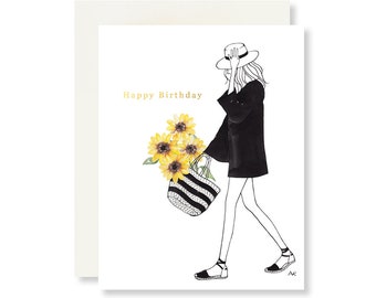Sunflower Birthday Card/ Fashion Illustration/ Best Friend Birthday Cards/ Sunflower Gifts/ Summer Birthday Card/ Fashion Art Drawing/Floral
