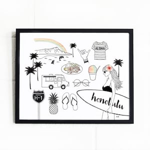 Honolulu Wall Art/ Hawaii Poster/ Oahu Honolulu Prints/ Fashion Illustration/ Hawaii Art Print/ Cute Hawaii Poster/Hawaii Illustration