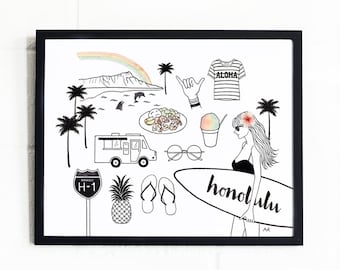 Honolulu Wall Art/ Hawaii Poster/ Oahu Honolulu Prints/ Fashion Illustration/ Hawaii Art Print/ Cute Hawaii Poster/Hawaii Illustration