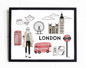 London Print / London Wall Art/ Fashion Illustration/ Travel Poster/ London Gift/ Fashion Wall Art/ Illustration Print/ Bedroom Wall Decor