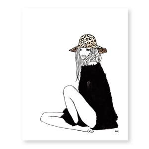 May include: A black and white line drawing of a woman wearing a leopard print hat and a black sweater. She is sitting with her legs crossed and her head tilted to the side.