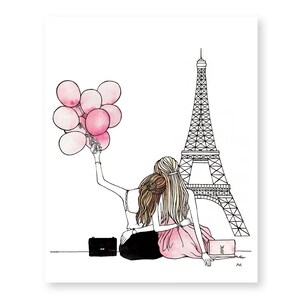 May include: Two women are sitting in front of the Eiffel Tower in Paris, France. One woman is holding pink balloons. The women are wearing dresses and have long hair. The Eiffel Tower is in the background.