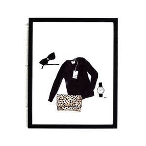 May include: A black sweater with a V-neck and a white tag that says "& Other Stories". A leopard print clutch, sunglasses, and a silver watch are also pictured.