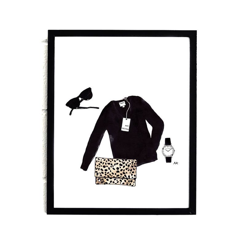May include: A black sweater with a V-neck and a white tag that says "& Other Stories". A leopard print clutch, sunglasses, and a silver watch are also pictured.