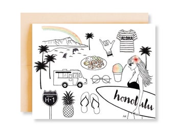 Oahu Honolulu Card/ Hawaii Illustration Card/ Oahu Birthday Card/ Hawaii Christmas Card/ Oahu Blank Card/ Hawaii Gift/Surfer Girl Art Print