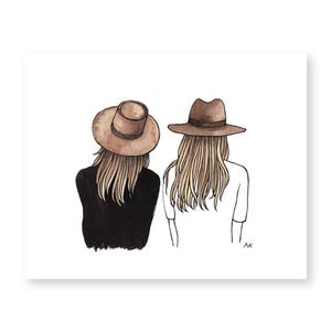 May include: Two women with long brown hair wearing brown felt hats. The women are facing away from the viewer. The woman on the left is wearing a black shirt and the woman on the right is wearing a white shirt.