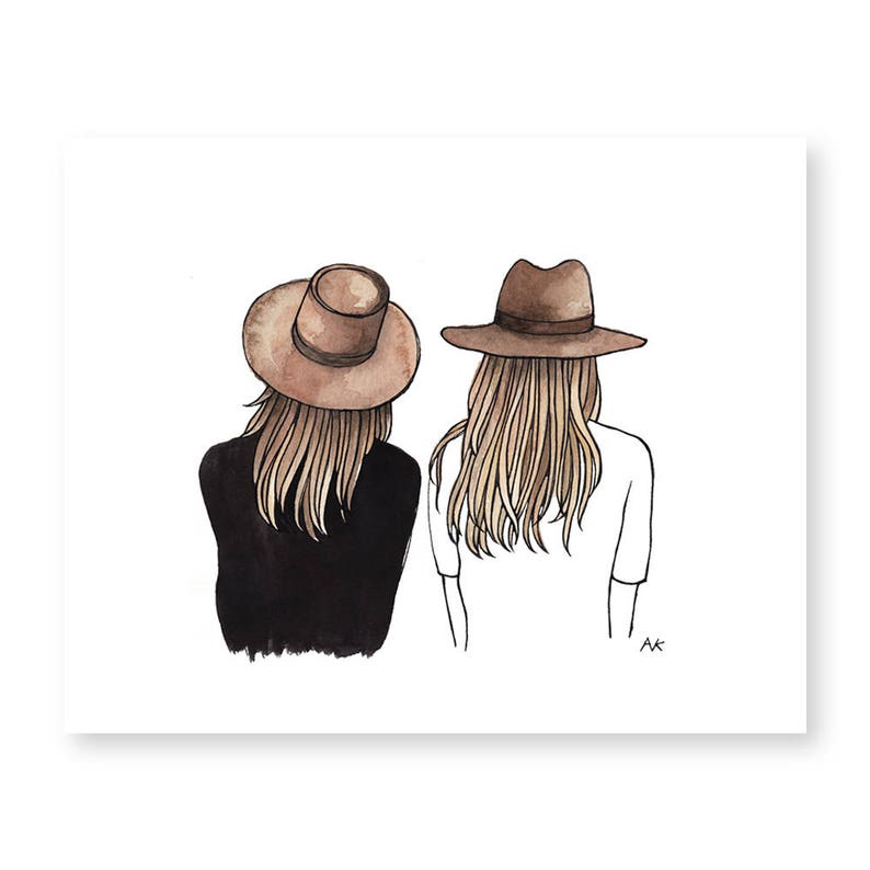 May include: Two women with long brown hair wearing brown felt hats. The women are facing away from the viewer. The woman on the left is wearing a black shirt and the woman on the right is wearing a white shirt.