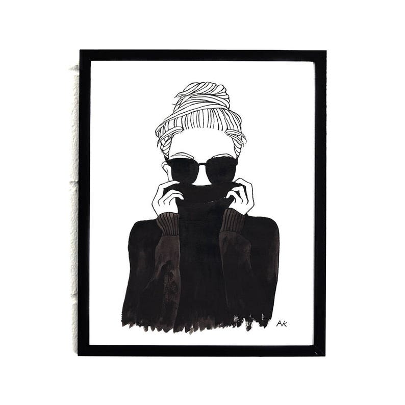 Black Turtleneck Fashion Wall Art / Fashion Illustration/ Closet Wall Art/Fashion Sketch/Bedroom Wall Decor / Best Friend Gift / Monochrome image 1