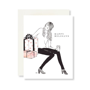 Ilustración Tarjeta de Navidad / Tarjeta de vacaciones de moda / Tarjeta de vacaciones para novia / Linda tarjeta de Navidad / Boceto de chica de moda / Tarjeta de felices fiestas