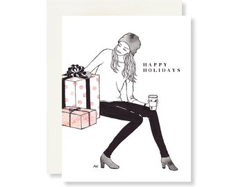 Illustratie Kerstkaart / Fashion Holiday Card / Holiday Card voor vriendin / Leuke kerstkaart / Fashion Girl Sketch / Happy Holidays Card