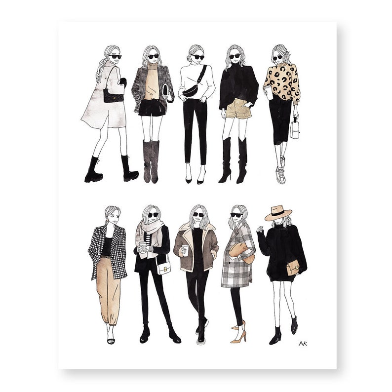 K&ouml;nnte beinhalten: Eine digitale Illustration von zehn Frauen in verschiedenen Outfits. Die Frauen tragen alle Sonnenbrillen und haben unterschiedliche Frisuren. Die Outfits umfassen eine Vielzahl von Stilen, wie zum Beispiel l&auml;ssig, schick und trendy. Die Illustration ist in einem minimalistischen Stil mit schwarzen Umrissen und dezenten Farbakzenten gehalten.