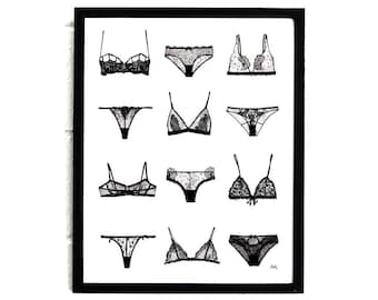 Lingerie Wall Art/ Laundry Room Decor/ Bedroom Wall Decor / Black and White Prints / Feminine Wall Art/ Bra Print/ Minimalist Art/ 11x14