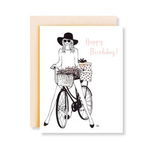 Mode Illustratie Verjaardagskaart / Meisje op een fiets Verjaardagskaarten / Fashion Sketch / Leuke Illustratie Kaart / Happy Birthday Card voor vriend