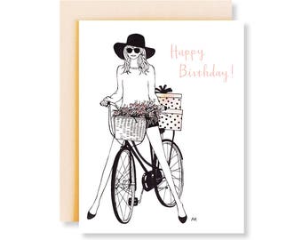 Carte d’anniversaire d’illustration de mode / Cartes d’anniversaire de fille à vélo / Croquis de mode / Carte d’illustration mignonne / Carte d’anniversaire joyeux pour ami