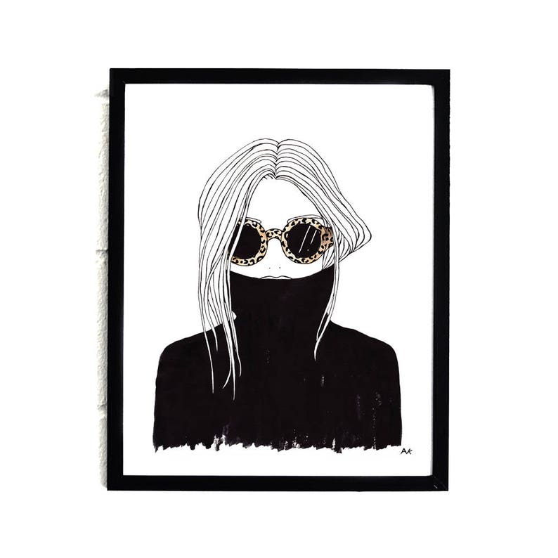 May include: A black and white line drawing of a person wearing a black turtleneck sweater and leopard print sunglasses.