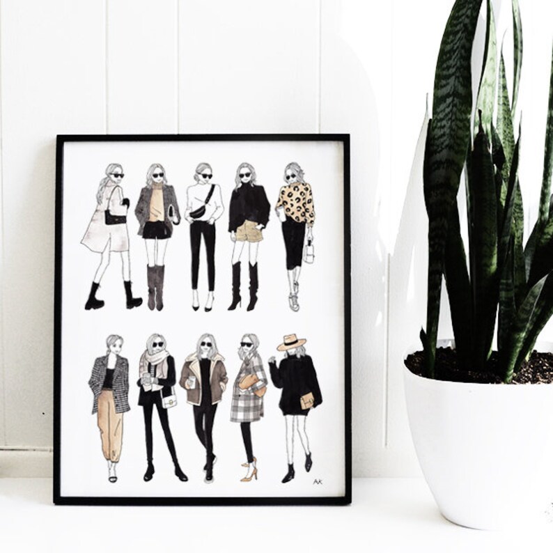 K&ouml;nnte beinhalten: Schwarz-wei&szlig;-Illustration von 12 Frauen in verschiedenen Outfits. Die Frauen tragen alle Sonnenbrillen und haben unterschiedliche Frisuren. Die Illustration ist in Schwarz gerahmt.