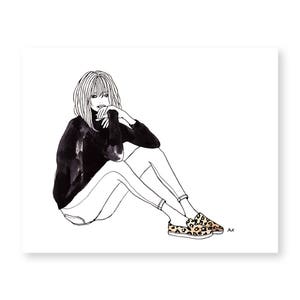 May include: Line drawing of a person sitting with their legs crossed, wearing a black turtleneck sweater and leopard print slip-on shoes. The drawing is in black and white with a simple style.