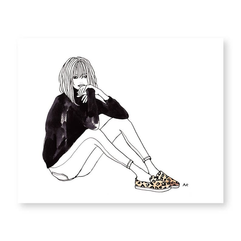 May include: Line drawing of a person sitting with their legs crossed, wearing a black turtleneck sweater and leopard print slip-on shoes. The drawing is in black and white with a simple style.