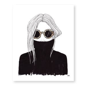 May include: A black and white illustration of a person wearing a black turtleneck sweater and leopard print sunglasses.