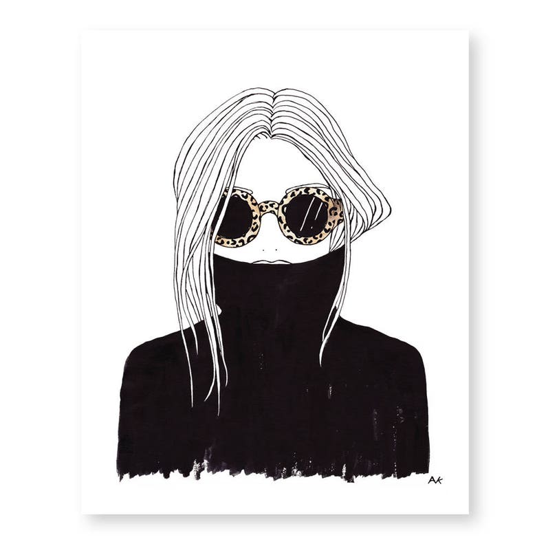 May include: A black and white illustration of a person wearing a black turtleneck sweater and leopard print sunglasses.
