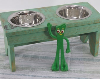 Small Dog Bowl Stand Bench Raised Dog Bowl Feeder Rustic Dog Feeder Farmhouse Style Rustic Stainless Steel Elevated Dog Food Water Bowl