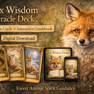 Puede incluir: Una baraja de oráculo titulada "Fox Wisdom" con tres cartas ilustradas, una tableta y un teléfono inteligente que muestran imágenes de zorros. El texto incluye "Tarjetas imprimibles + Guía interactiva" y "Descarga digital". Un gran retrato de zorro está en el fondo.