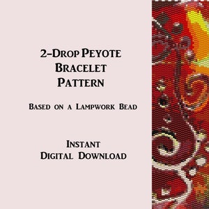 May include: A digital download pattern for a 2-drop peyote bracelet, based on a lampwork bead. The pattern features a colorful design with swirls and dots in shades of red, orange, yellow, and white.