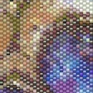 May include: Abstract mosaic pattern with a mix of brown, beige, purple, blue, and green squares.