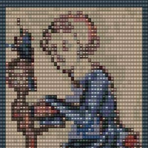 May include: A pixelated image of a person sitting on a stool. The person is wearing a blue and white patterned shirt and has a red and brown stool. The background is a light brown color.