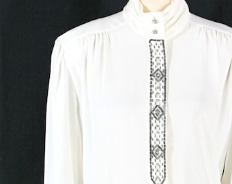 Vintage Koret High Neck Beaded Secretary Career Blouse Shirt White and Silver 16 L 1980s