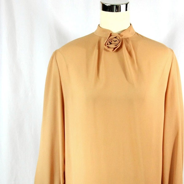 Vintage Pepper Tree 1-Button High Neck Secretary Blouse Top with Rose Detail Beige Medium 1980s