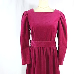Vintage Kay Windsor Velvet Velour Square Neck Belted Puff Sleeve Dress Magenta Pink M 1980s