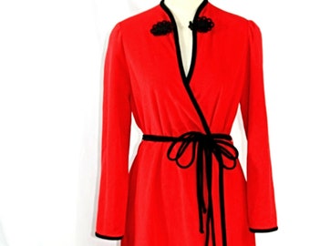 Vintage Vanity Fair Red & Black Velour Long Robe with Asian Frog Closure - Med