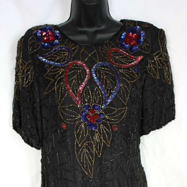 Vintage Thums Up Sequin and Beaded Dress Black with Gold and Black Beading, Red and Blue Sequins Medium