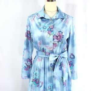 Vintage Sears Blue Floral Belted Collared Pleated Shirt Shirtwaist Dress S 1970s