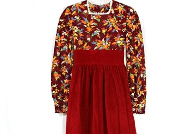 Vintage Rot Samt Blumen Prärie Hippie Boho Empire Taille Langarm Maxi Kleid S 1970er Jahre