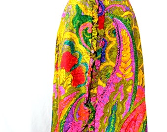 Vintage Leslie Fay Bold Paisley Floral Split Front Full Maxi Skirt with Ruffles S M