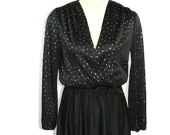 Vintage Black and Gold Polka Dot Surplice Blouson Dress Disco 1970&#39;s - Size 10